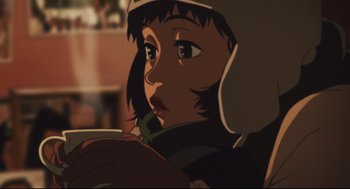 Movie still from “Tokyo Godfathers” (2003), directed by Shôgo Furuya – A person with a helmet on; Close Up shot, Low angle
