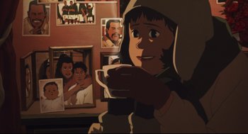Movie still from “Tokyo Godfathers” (2003), directed by Shôgo Furuya – A person holding a coffee cup in front of pictures; Close Up shot, Over the shoulder angle