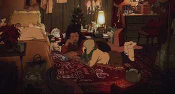 Movie still from “Tokyo Godfathers” (2003), directed by Shôgo Furuya – A group of people sitting around a table with christmas decorations; Wide shot, High angle