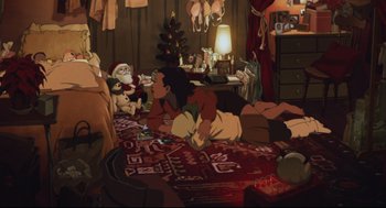 Movie still from “Tokyo Godfathers” (2003), directed by Shôgo Furuya – A couple of people laying on the ground in a room; Wide shot, High angle
