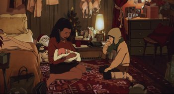 Movie still from “Tokyo Godfathers” (2003), directed by Shôgo Furuya – A woman holding a baby in her arms while sitting on the ground; Wide shot, High angle