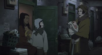 Movie still from “Tokyo Godfathers” (2003), directed by Shôgo Furuya – A group of people standing in front of a building; Medium shot, Low angle