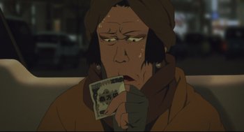 Movie still from “Tokyo Godfathers” (2003), directed by Shôgo Furuya – An animated person holding a piece of paper in his hand; Extreme Close Up shot, High angle