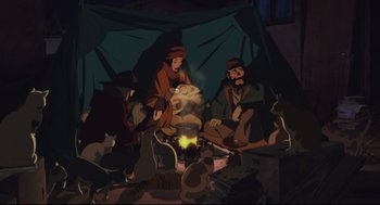 Movie still from “Tokyo Godfathers” (2003), directed by Shôgo Furuya – A group of people gathered around a fire; Wide shot, Low angle