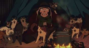 Movie still from “Tokyo Godfathers” (2003), directed by Shôgo Furuya – An animated picture of a witch and a cat; Medium shot, Low angle