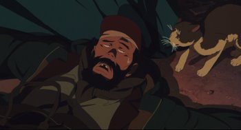 Movie still from “Tokyo Godfathers” (2003), directed by Shôgo Furuya – An animated scene of a man with a beard and a cat; Close Up shot, Overhead angle