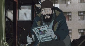 Movie still from “Tokyo Godfathers” (2003), directed by Shôgo Furuya – An animated man with a beard holding a newspaper; Close Up shot, High angle