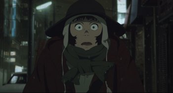 Movie still from “Tokyo Godfathers” (2003), directed by Shôgo Furuya – An animated person wearing a hat and a scarf; Close Up shot, Low angle