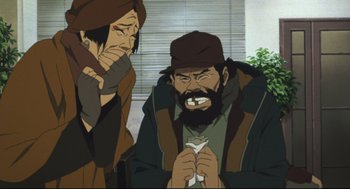Movie still from “Tokyo Godfathers” (2003), directed by Shôgo Furuya – A man with a beard and a hat is looking at a woman; Close Up shot, High angle