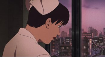 Movie still from “Tokyo Godfathers” (2003), directed by Shôgo Furuya – An animated picture of a person looking out of a window; Close Up shot, Low angle