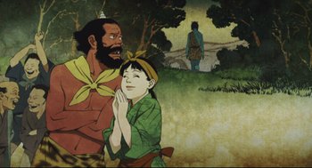 Movie still from “Tokyo Godfathers” (2003), directed by Shôgo Furuya – An animated picture of a man and a woman; Medium shot, Over the shoulder angle