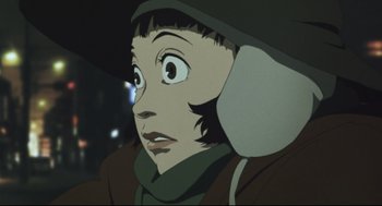 Movie still from “Tokyo Godfathers” (2003), directed by Shôgo Furuya – A person with a hat on; Close Up shot, Low angle