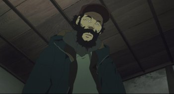 Movie still from “Tokyo Godfathers” (2003), directed by Shôgo Furuya – A man with a beard and a hat is looking at the camera; Close Up shot, High angle