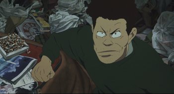 Movie still from “Tokyo Godfathers” (2003), directed by Shôgo Furuya – An image of an animated character in a cartoon style; Medium shot, High angle