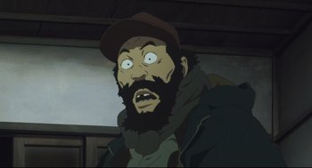 Movie still from “Tokyo Godfathers” (2003), directed by Shôgo Furuya – An animated man with a beard wearing a hat and jacket; Close Up shot, Low angle