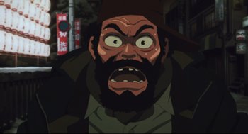 Movie still from “Tokyo Godfathers” (2003), directed by Shôgo Furuya – An animated man with an angry look on his face; Close Up shot, Low angle