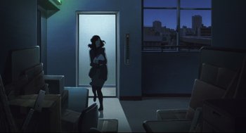 Movie still from “Tokyo Godfathers” (2003), directed by Shôgo Furuya – A woman walking in a room with a large window; Wide shot, Over the shoulder angle