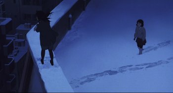 Movie still from “Tokyo Godfathers” (2003), directed by Shôgo Furuya – A person walking in the snow at night time; Wide shot, Overhead angle