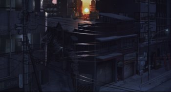 Movie still from “Tokyo Godfathers” (2003), directed by Shôgo Furuya – An image of a city at night with the sun going down; Extreme Wide shot, High angle