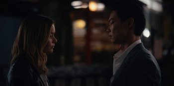 Movie still from “Tokyo Vice” (2022), created by J.T. Rogers – A man and a woman face to face in the dark; Close Up shot, Over the shoulder angle
