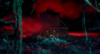 Movie still from “Tom Thumb” (2001), directed by Olivier Dahan – A painting of an old house in the middle of the night; Extreme Wide shot, High angle