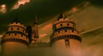 Movie still from “Tom Thumb” (2001), directed by Olivier Dahan – An image of a castle in the middle of the night; Extreme Wide shot, Low angle