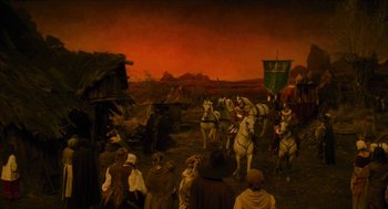 Movie still from “Tom Thumb” (2001), directed by Olivier Dahan – An oil painting of people riding horses in a field; Extreme Wide shot, High angle