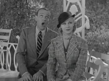 Movie still from “Top Hat” (1935), directed by Mark Sandrich – A man and a woman sitting next to each other on a bench; Medium shot, Low angle