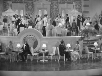 Movie still from “Top Hat” (1935), directed by Mark Sandrich – A black and white photo of people sitting at tables; Extreme Wide shot, High angle