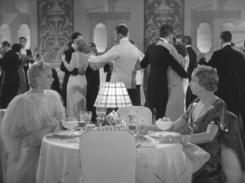 Movie still from “Top Hat” (1935), directed by Mark Sandrich – A black and white photo of people at a formal event; Wide shot, High angle