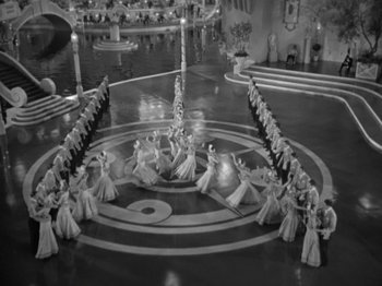 Movie still from “Top Hat” (1935), directed by Mark Sandrich – A black and white photo of a group of people in a circle; Extreme Wide shot, High angle