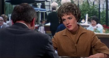 Movie still from “Torn Curtain” (1966), directed by Alfred Hitchcock – A man and a woman sitting at a table in front of each other; Medium shot, Over the shoulder angle