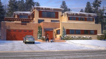 Movie still from “Toy Story That Time Forgot” (2014), directed by Steve Purcell – A man and a child walking in front of a house; Extreme Wide shot, High angle
