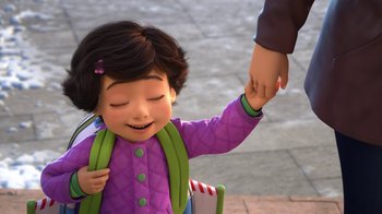 Movie still from “Toy Story That Time Forgot” (2014), directed by Steve Purcell – A little girl is holding her hand out to a person; Medium shot, High angle