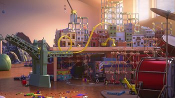 Movie still from “Toy Story That Time Forgot” (2014), directed by Steve Purcell – A room filled with lots of toys and construction equipment; Extreme Wide shot, High angle