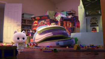 Movie still from “Toy Story That Time Forgot” (2014), directed by Steve Purcell – A toy story bag sitting on top of a wooden table; Extreme Wide shot, High angle
