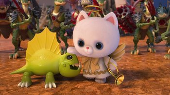 Movie still from “Toy Story That Time Forgot” (2014), directed by Steve Purcell – A toy cat and a toy dinosaur are next to each other; Medium shot, High angle