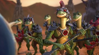 Movie still from “Toy Story That Time Forgot” (2014), directed by Steve Purcell – A group of toy dinosaurs are marching in formation; Wide shot, High angle