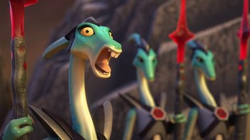 Movie still from “Toy Story That Time Forgot” (2014), directed by Steve Purcell – View of a toy dragon; Close Up shot, High angle