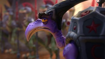 Movie still from “Toy Story That Time Forgot” (2014), directed by Steve Purcell – A purple bird toy with a black beak and yellow eyes; Close Up shot, Low angle