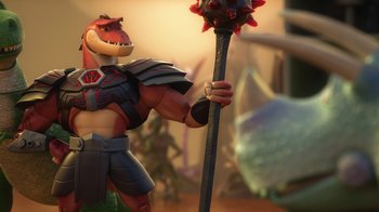 Movie still from “Toy Story That Time Forgot” (2014), directed by Steve Purcell – A toy that looks like a dinosaur holding a staff; Medium shot, Low angle