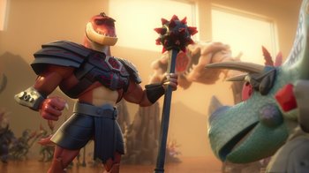 Movie still from “Toy Story That Time Forgot” (2014), directed by Steve Purcell – An image of an animated character holding a staff; Wide shot, Low angle