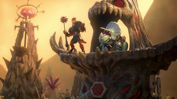 Movie still from “Toy Story That Time Forgot” (2014), directed by Steve Purcell – Two people standing on top of a mountain; Wide shot, Low angle