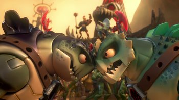 Movie still from “Toy Story That Time Forgot” (2014), directed by Steve Purcell – A couple of toy dinosaurs that are next to each other; Wide shot, Overhead angle