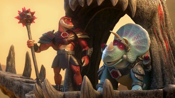 Movie still from “Toy Story That Time Forgot” (2014), directed by Steve Purcell – Two toy dinosaurs are standing next to each other; Wide shot, Low angle