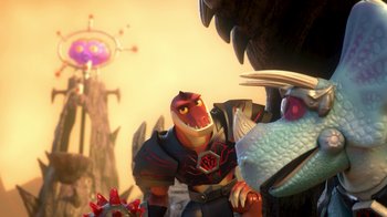 Movie still from “Toy Story That Time Forgot” (2014), directed by Steve Purcell – A cartoon character is standing in front of another cartoon character; Medium shot, Over the shoulder angle