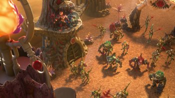 Movie still from “Toy Story That Time Forgot” (2014), directed by Steve Purcell – An overhead view of a group of people in a field; Extreme Wide shot, High angle