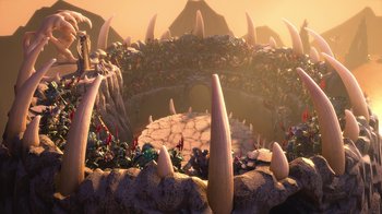Movie still from “Toy Story That Time Forgot” (2014), directed by Steve Purcell – An image of an animated scene with a lot of people; Extreme Wide shot, High angle