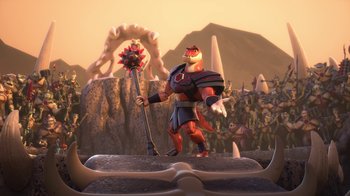 Movie still from “Toy Story That Time Forgot” (2014), directed by Steve Purcell – An image of an animated character with a spear in hand; Wide shot, High angle