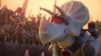 Movie still from “Toy Story That Time Forgot” (2014), directed by Steve Purcell – The head of a toy dinosaur; Close Up shot, Low angle